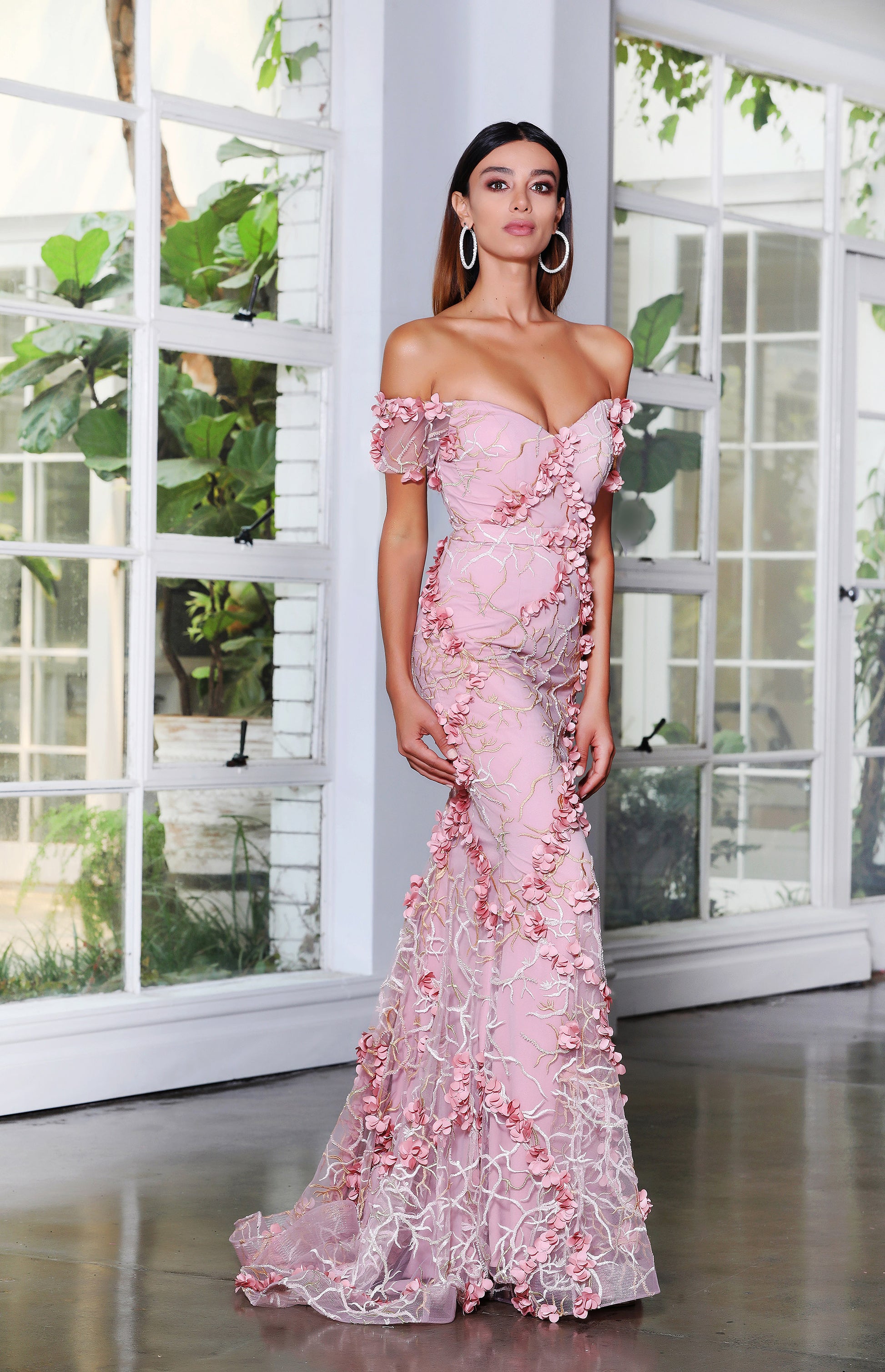 Jadore JX4028 3D Rose Petal Mermaid Evening Gown - A stunning gown with 3D rose petal embellishments and off-the-shoulder neckline.