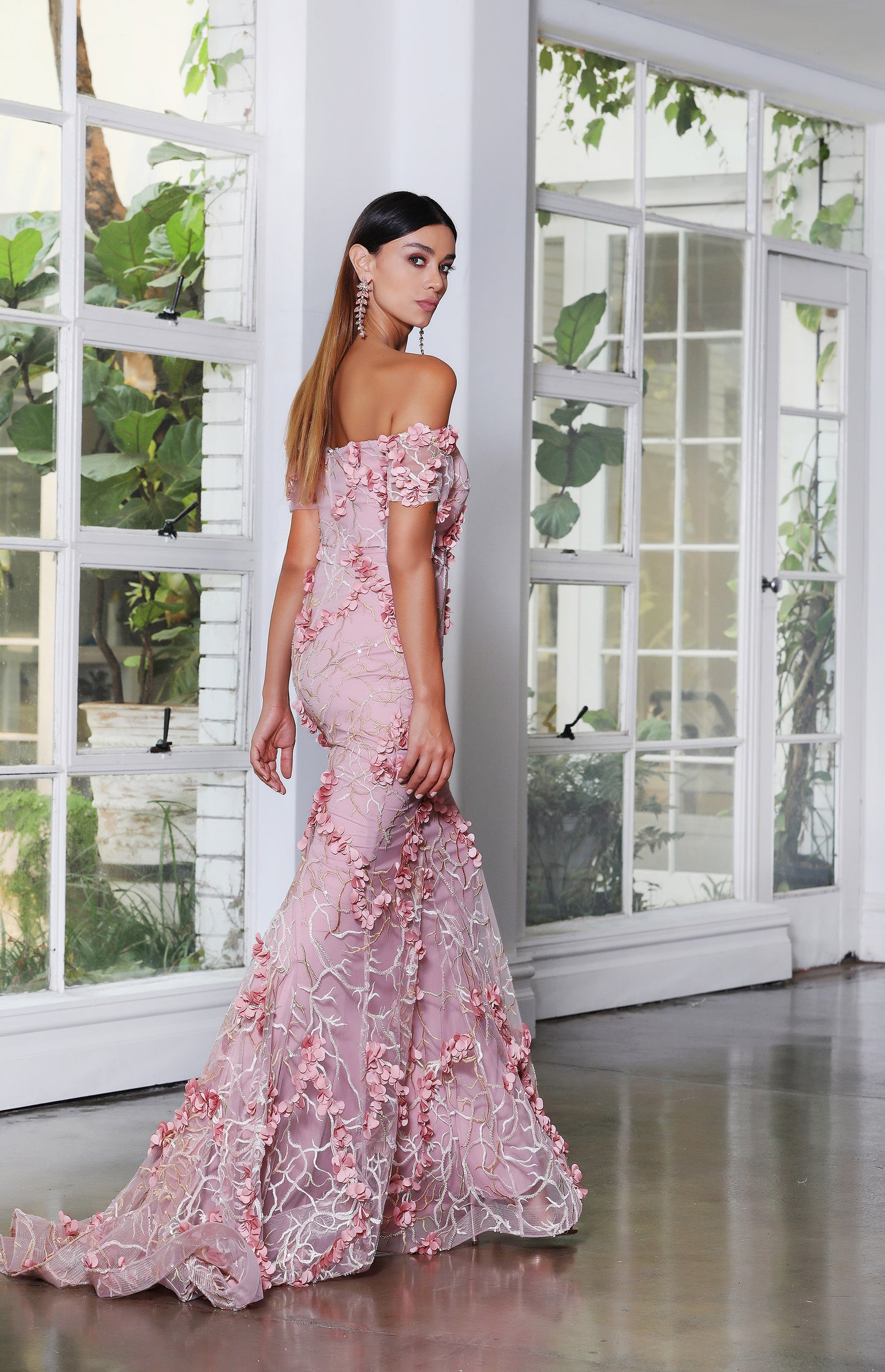 Jadore JX4028 3D Rose Petal Mermaid Evening Gown - A stunning gown with 3D rose petal embellishments and off-the-shoulder neckline.