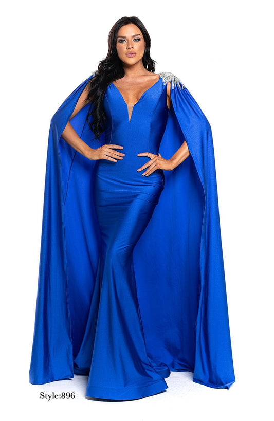 Jessica Angel Style 896 royal blue evening gown with embellished cape and open back