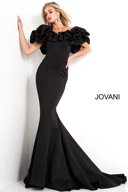 Jovani 04368 off-shoulder scuba gown in black, featuring dramatic ruffle sleeves and a mermaid silhouette, perfect for formal evenings and mother of the bride or groom.