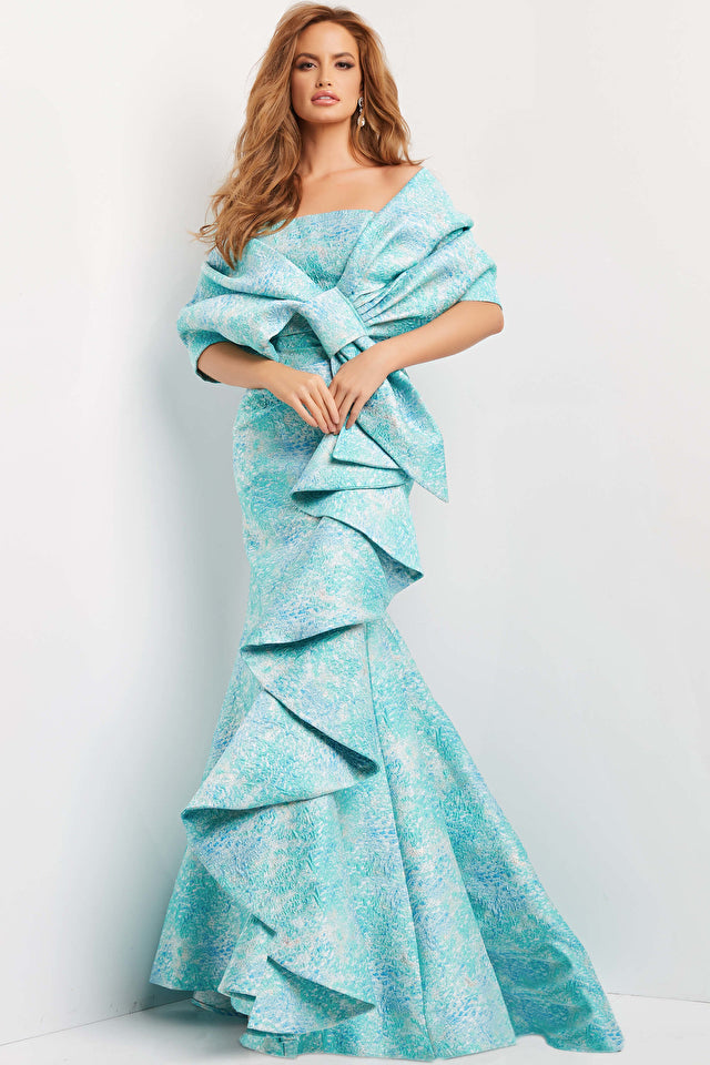 Jovani 08093 Mermaid Evening Dress with Ruffles, a stunning gown with a fitted bodice, dramatic trumpet skirt, and matching shawl. Perfect for evening events and special occasions.