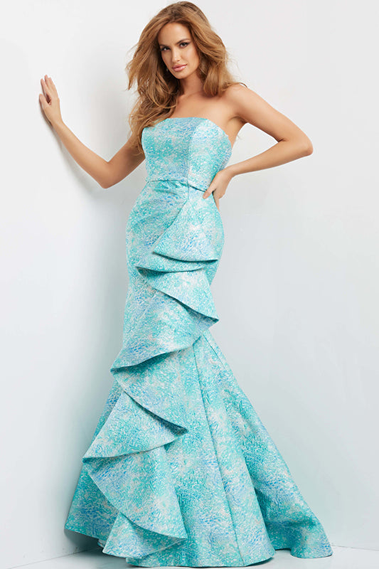 Jovani 08093 Mermaid Evening Dress with Ruffles, a stunning gown with a fitted bodice, dramatic trumpet skirt, and matching shawl. Perfect for evening events and special occasions.