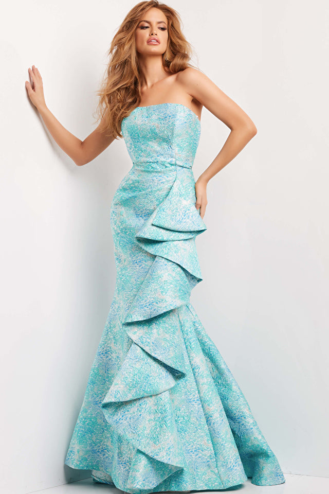 Jovani 08093 Mermaid Evening Dress with Ruffles, a stunning gown with a fitted bodice, dramatic trumpet skirt, and matching shawl. Perfect for evening events and special occasions.