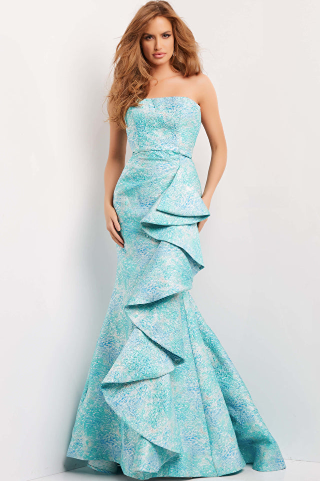 Jovani 08093 Mermaid Evening Dress with Ruffles, a stunning gown with a fitted bodice, dramatic trumpet skirt, and matching shawl. Perfect for evening events and special occasions.