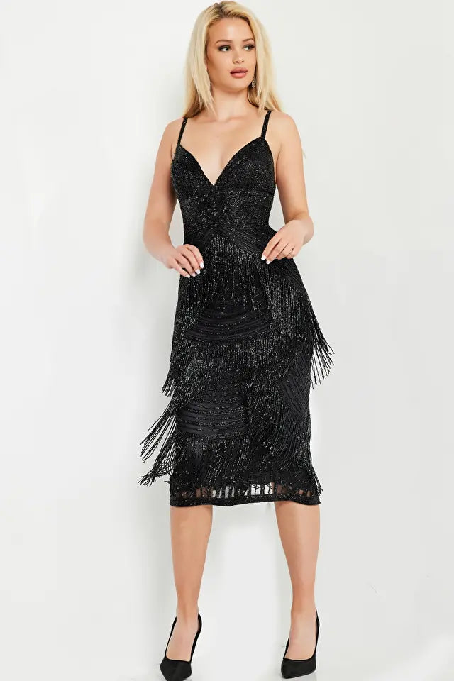 Jovani 26192 - A beaded and fringed tea-length cocktail dress with a V-neckline and open tie back, perfect for making a stylish statement at formal evening events.