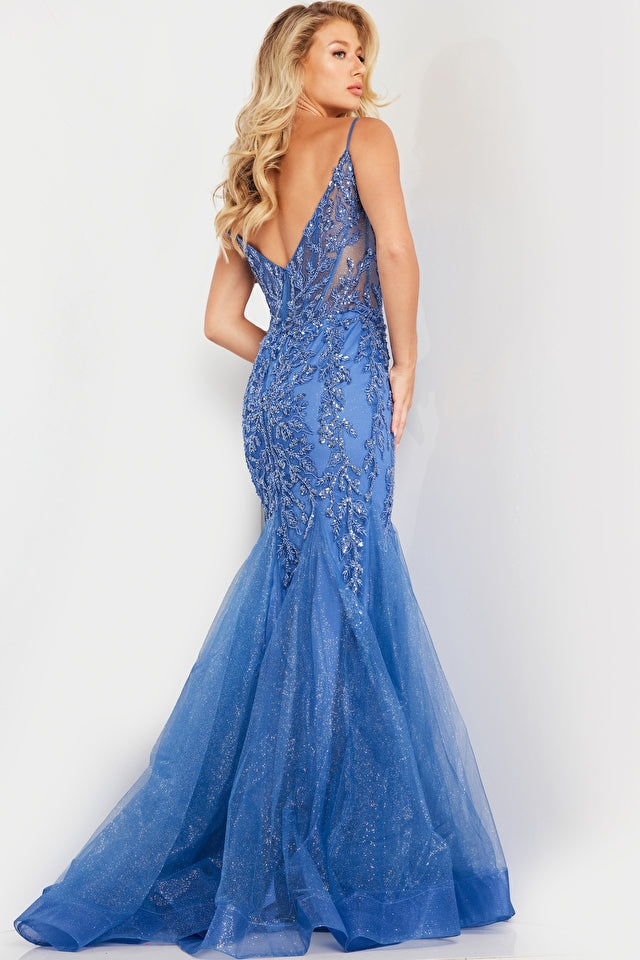 Elegant Jovani 37416 Embroidered Mermaid Prom Dress in stunning sequined embroidery, featuring a sheer corset bodice and a dramatic mermaid silhouette.