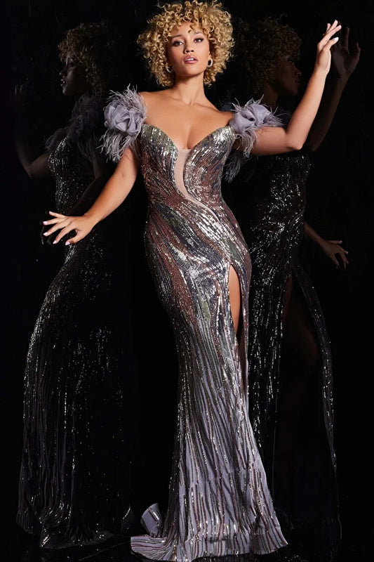 Jovani 38679 High Slit Sequin Embellished Evening Gown - A captivating evening gown with a high slit, sweeping train, ruffle and feather off-the-shoulder straps, illusion front, and sequin embellishments for a sophisticated and dazzling look.