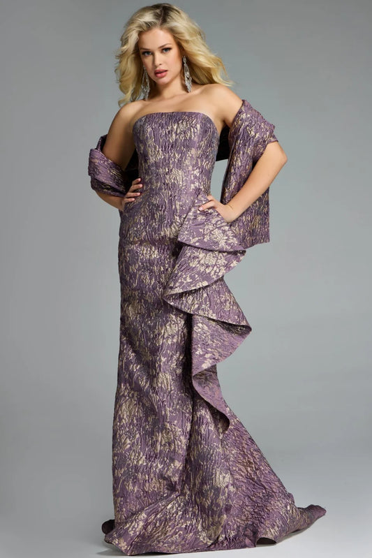 Jovani 41134 strapless mermaid jacquard gown in purple with cascading ruffle detail, perfect for formal evening and mother of the bride or groom occasions.