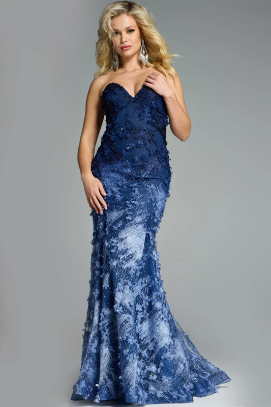 Jovani 42740 denim mermaid gown with floral appliqué, sweetheart neckline, and fitted silhouette, perfect for formal evenings and mother of the bride or groom.