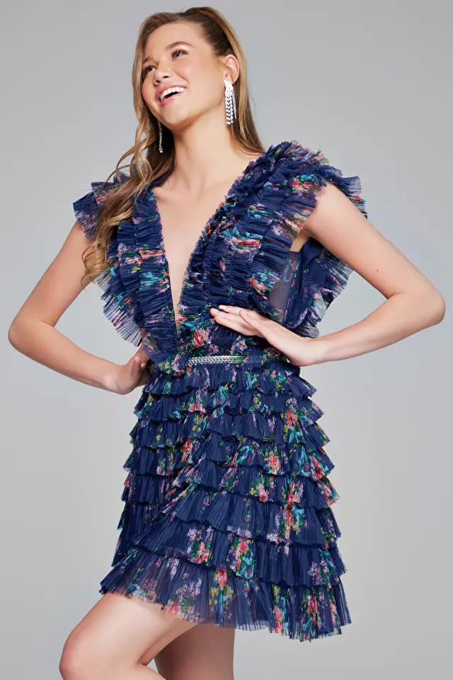 Jovani 50069 navy print Tiered Cocktail Dress - A striking dress with a deep V-neckline, tiered ruffle skirt, and backless design.