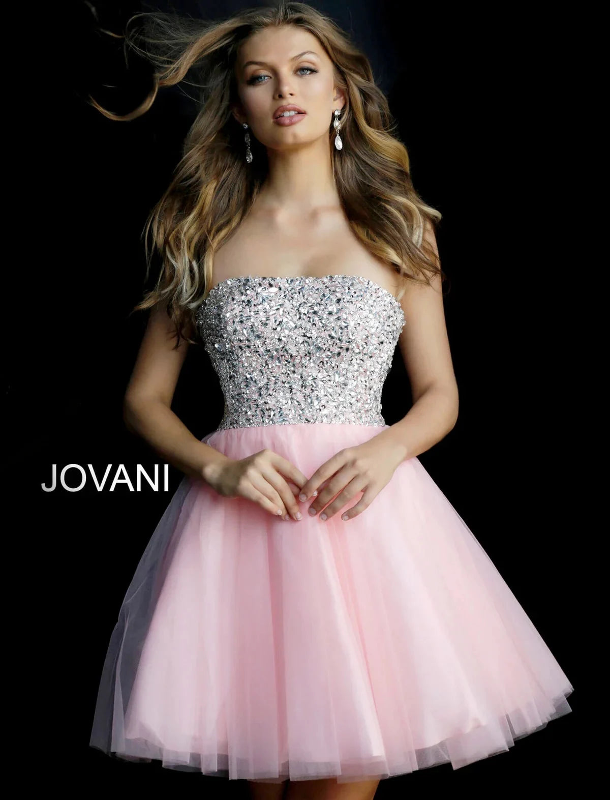 Jovani 58470 A-Line cocktail dress in pink featuring a sparkling embellished bodice and knee-length tulle skirt. Perfect for Bat Mitzvah celebrations.