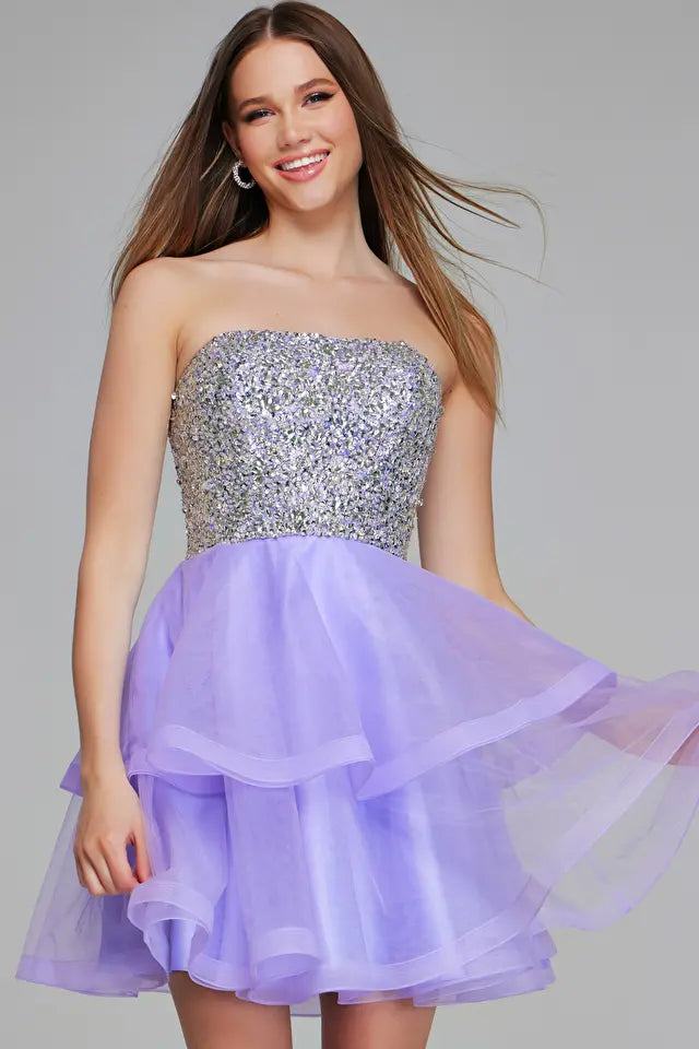 Jovani K23666 Lavender Sequin Mini Dress for Graduation and Bat Mitzvah Celebrations - featuring a sparkling, fitted design.