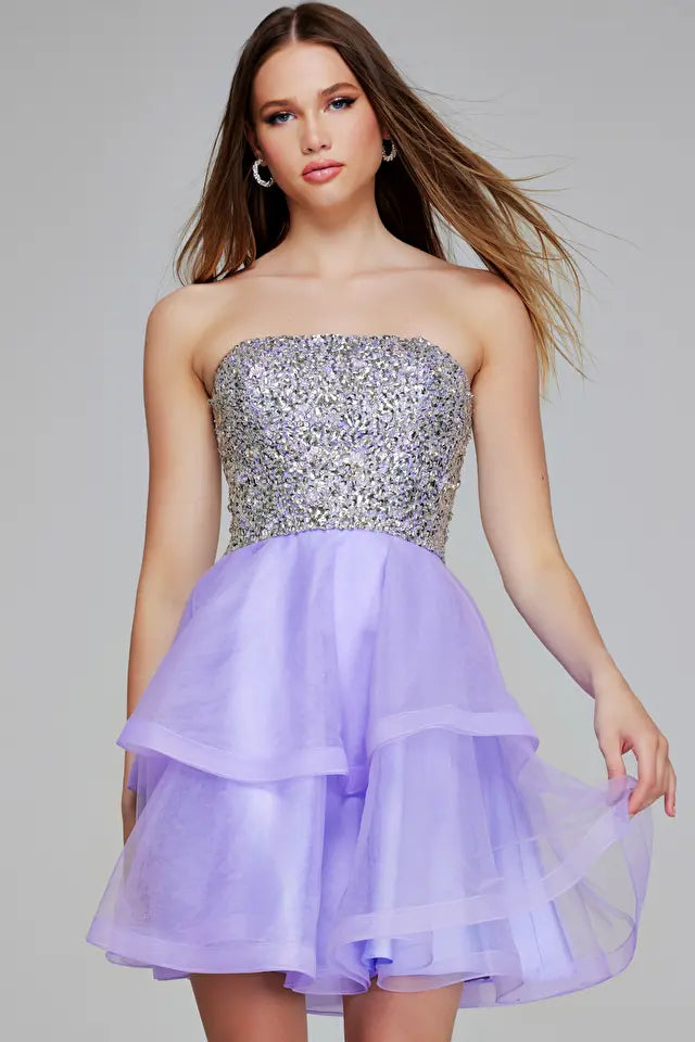 Jovani K23666 Lavender Sequin Mini Dress for Graduation and Bat Mitzvah Celebrations - featuring a sparkling, fitted design.