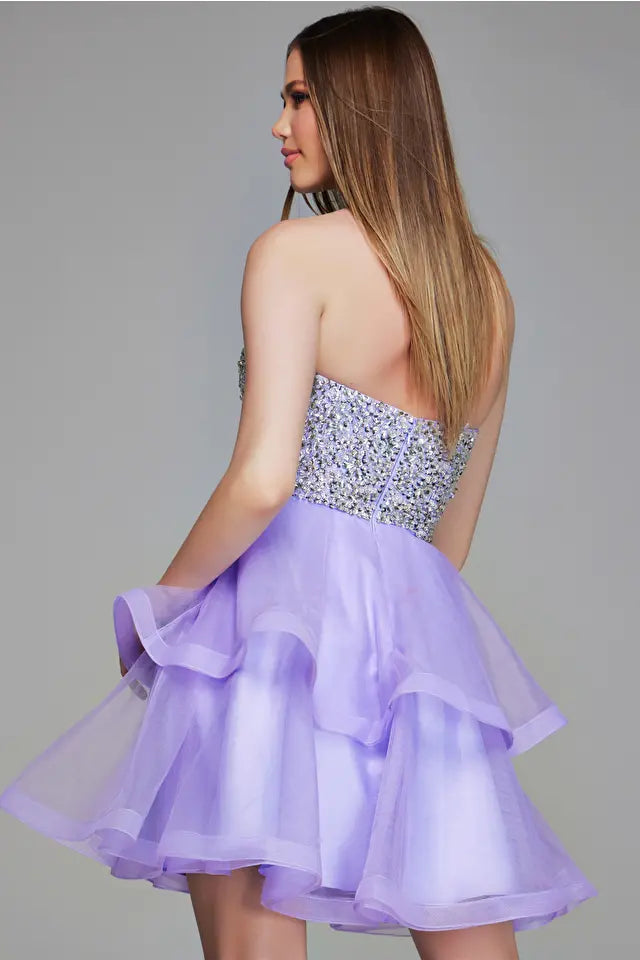 Jovani K23666 Lavender Sequin Mini Dress for Graduation and Bat Mitzvah Celebrations - featuring a sparkling, fitted design.