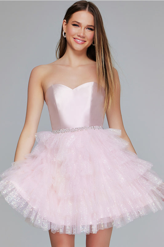 Jovani K39310 Pink Tulle Mini Dress with Sequin Detail - features a strapless sweetheart neckline and a bead embellished waist with a voluminous layered tulle skirt.