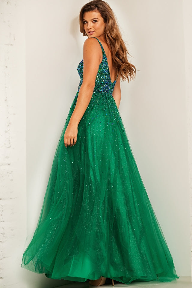 A luxurious embellished A-line prom dress with high slit and V neckline, perfect for prom night.