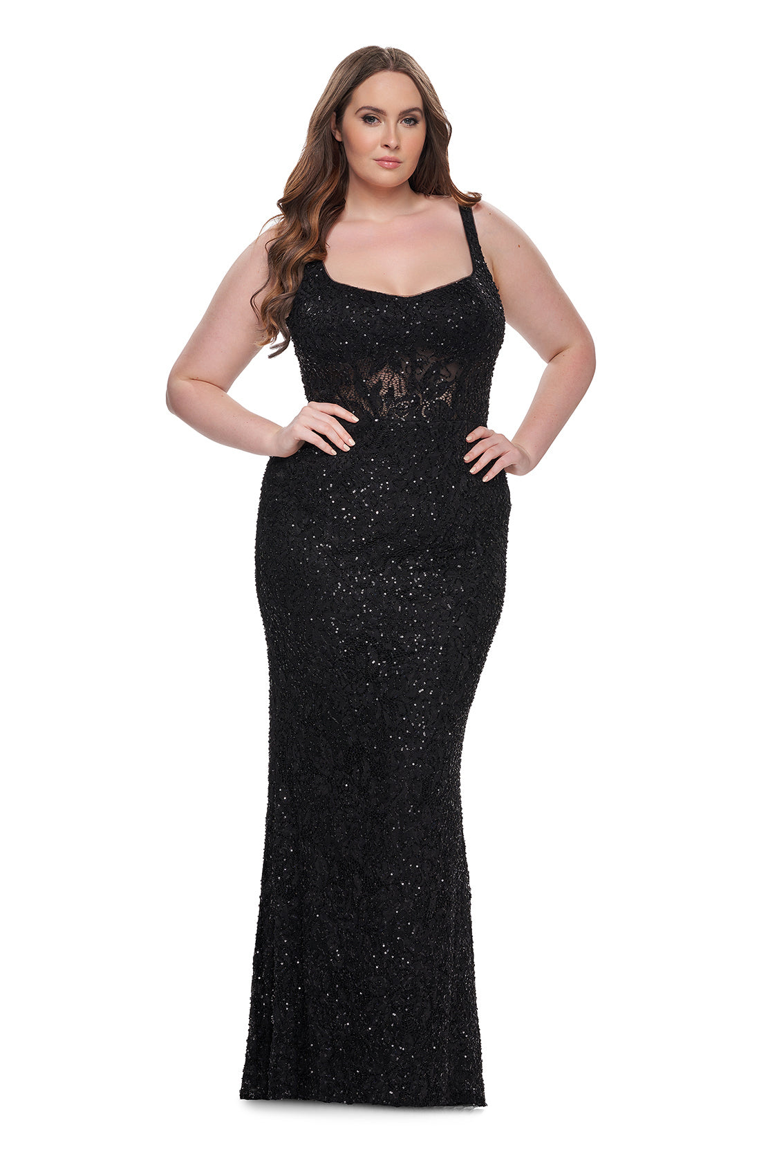 La Femme 31535 Beaded Lace Plus Size Prom Dress - A stunning plus-size prom dress with beaded lace, sheer illusion waist and back detail, square neckline, and fitted stretch fabric for a flattering silhouette. Model is wearing the dress in the color black.