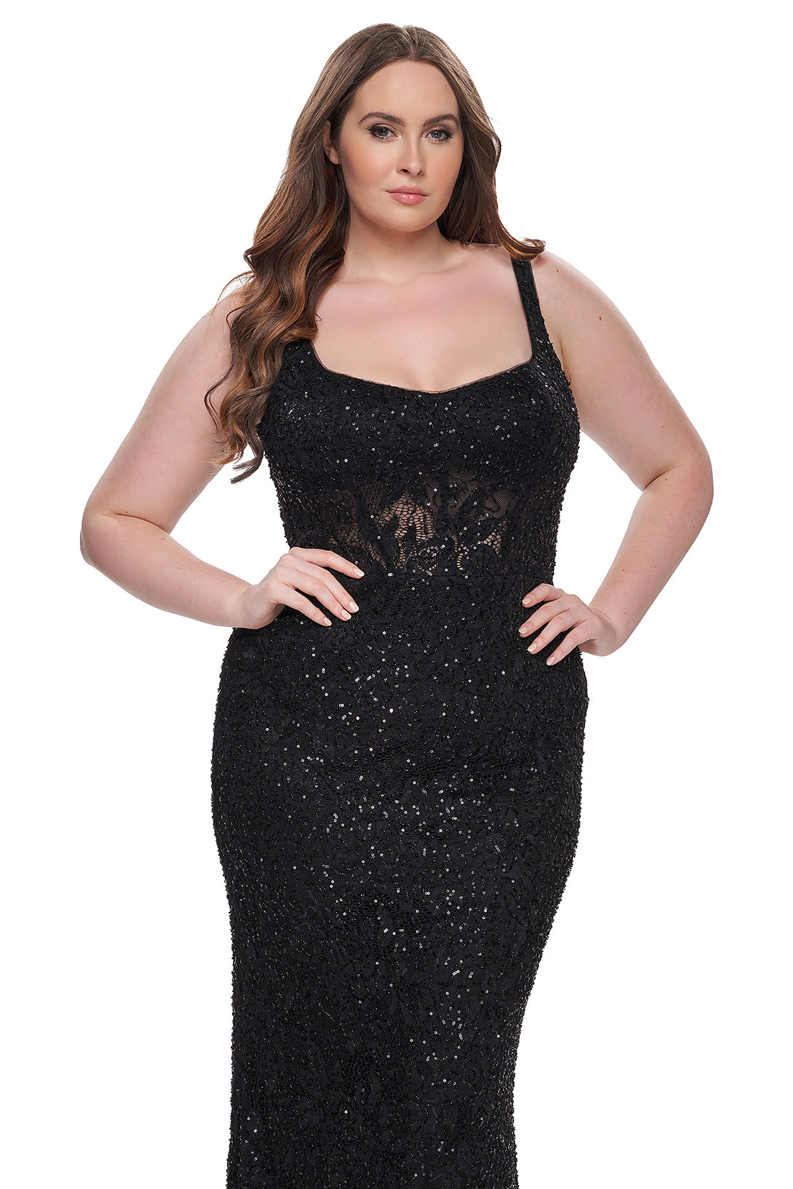 La Femme 31535 Beaded Lace Plus Size Prom Dress - A stunning plus-size prom dress with beaded lace, sheer illusion waist and back detail, square neckline, and fitted stretch fabric for a flattering silhouette. Model is wearing the dress in the color black.