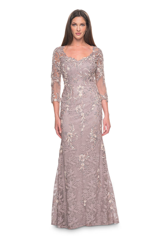 La Femme - 31796 - Elegant Three-Quarter Sleeve Lace and Beaded Gown