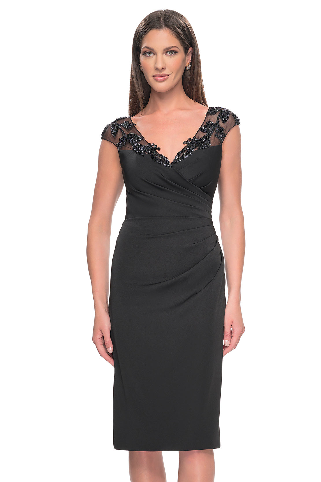 La Femme 31839 Chic Midi Satin Dress - A chic midi satin dress featuring pleating, sheer cap sleeves with beautiful beaded leaf detailing, and a ruched waist for added sophistication.