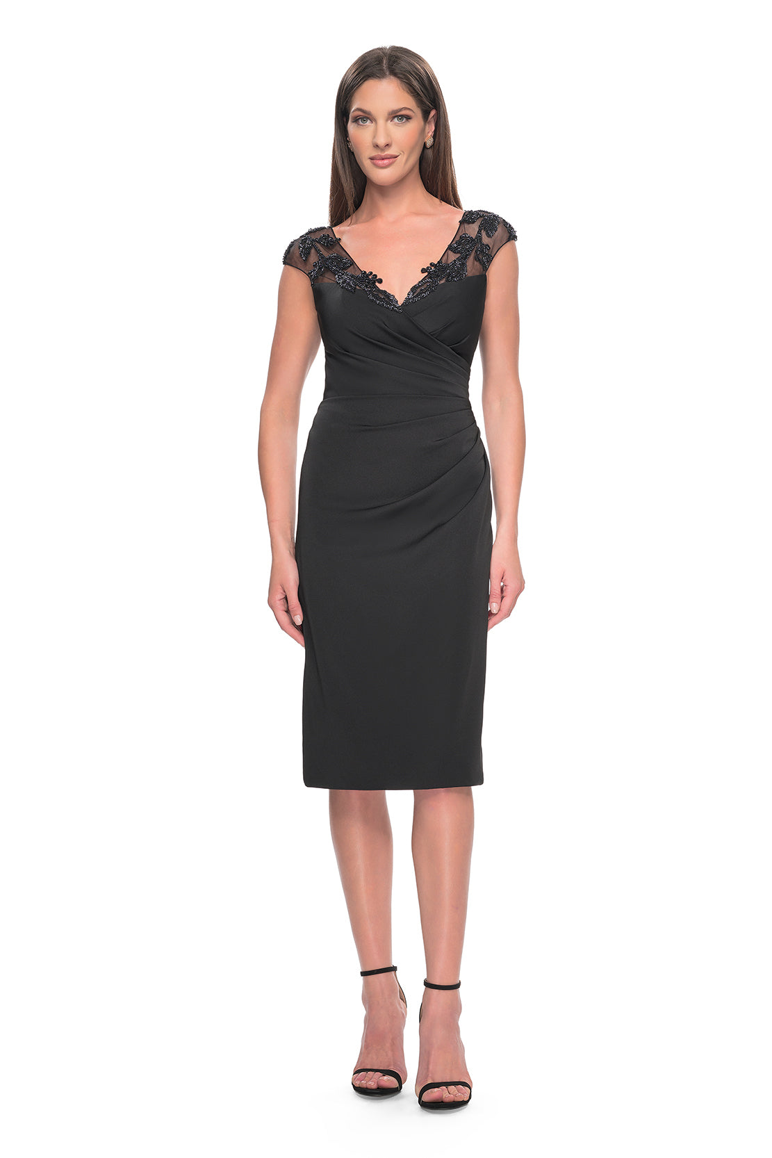 La Femme 31839 Chic Midi Satin Dress - A chic midi satin dress featuring pleating, sheer cap sleeves with beautiful beaded leaf detailing, and a ruched waist for added sophistication.