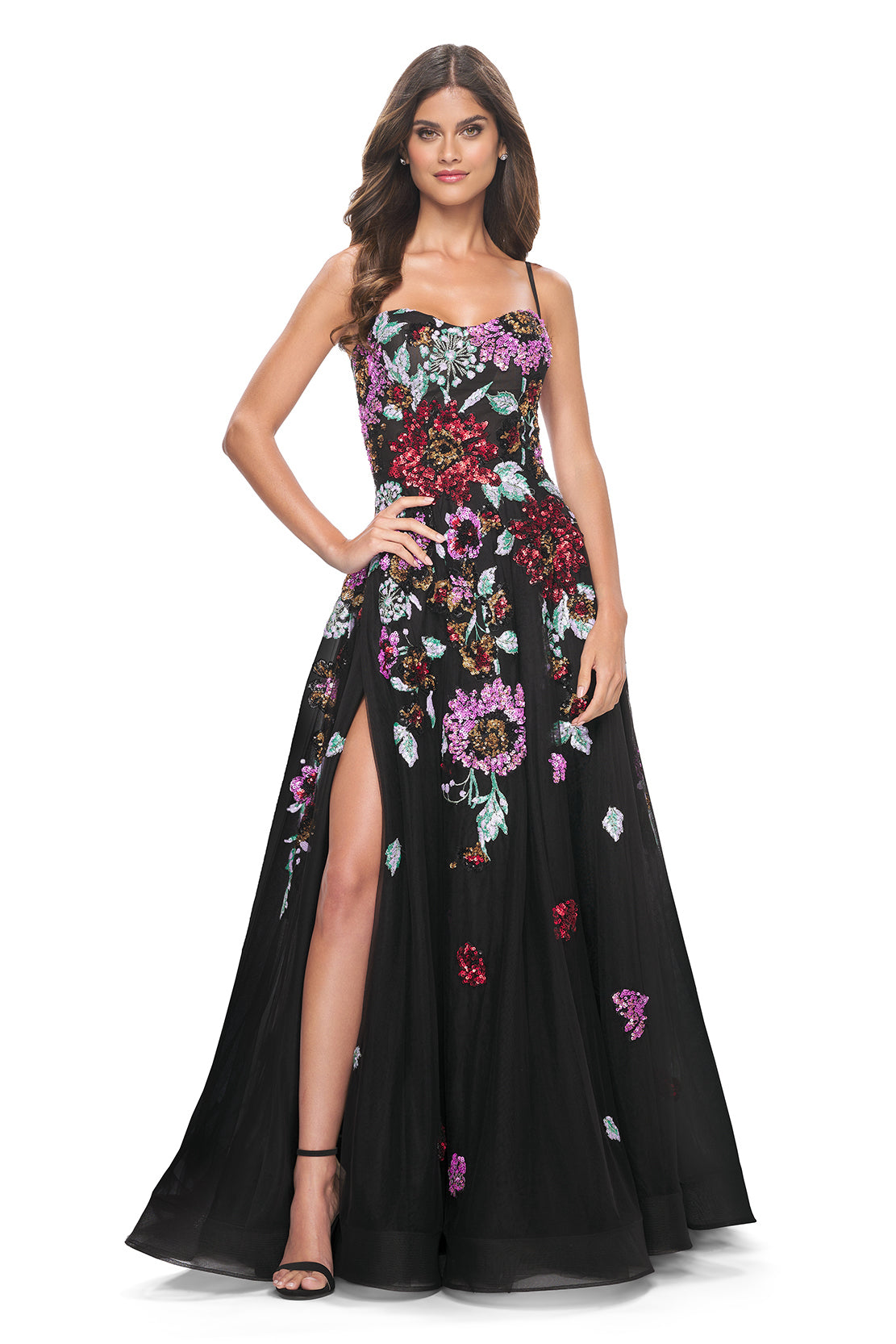 La Femme 32019 A-Line Gown with Multi-Color Floral Sequin Applique - A graceful A-line gown featuring delicate tulle, horsehair hem, and enchanting multi-color floral sequin applique. Perfect for proms and formal evening events.