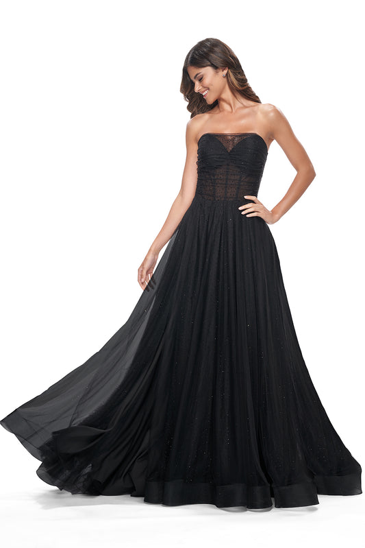 La Femme 32029 Rhinestone Embellished Tulle Gown with High Slit - A glamorous tulle gown adorned with intricate rhinestones, featuring an illusion waist with boning, a strapless bodice, and a captivating high slit. Ideal for proms and formal evening events.