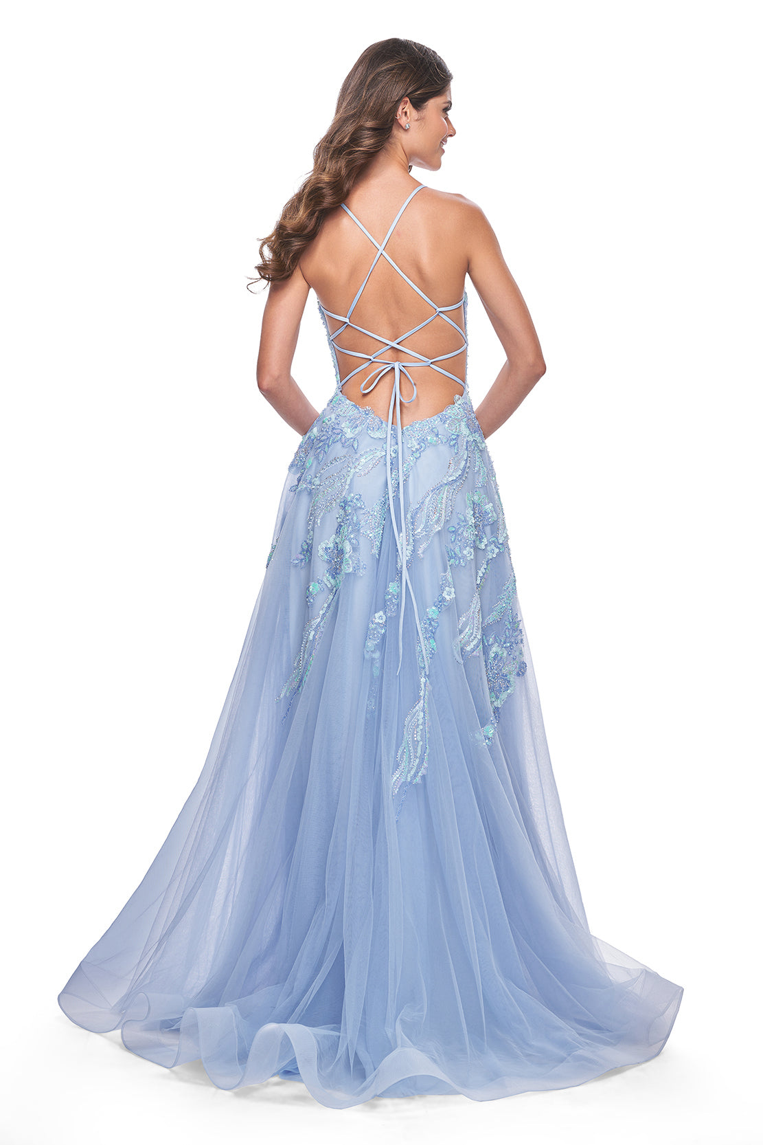 La Femme 32032 Enchanting A-Line Prom Gown - A captivating gown featuring a unique sequin beaded applique, A-line silhouette, V-shaped neckline, and adjustable lace-up back. Ideal for prom night. Model is wearing the dress in cloud blue.