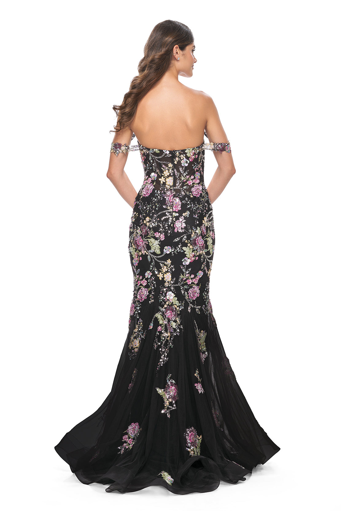 La Femme 32087 - An enchanting off-the-shoulder sequin mermaid gown with multi-color floral lace detailing, perfect for a glamorous and magical look.