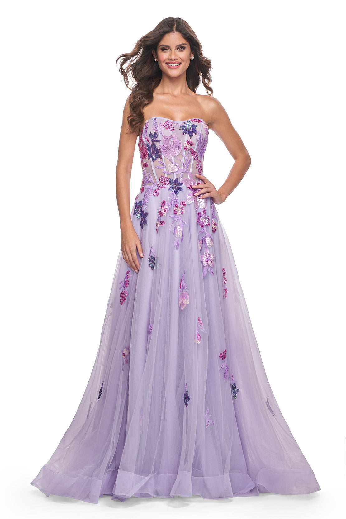 La Femme 32156 Strapless A-Line Tulle Prom and Quinceañera Dress - A captivating A-line tulle dress featuring a strapless design and floral multicolor sequin lace applique details, perfect for making a statement at prom or quinceañera celebrations. The model is wearing the dress in the color Lavender.