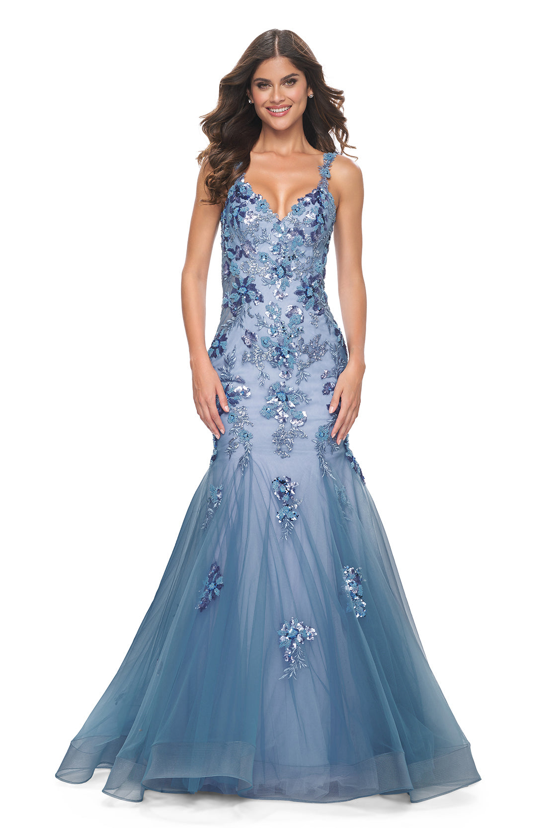 La Femme 32192 Two-Tone Mermaid Prom Gown - A stunning mermaid gown with a two-tone design, V neckline, sequin lace beaded floral applique, and illusion sides and back for an enchanting and captivating look. Perfect for prom night.