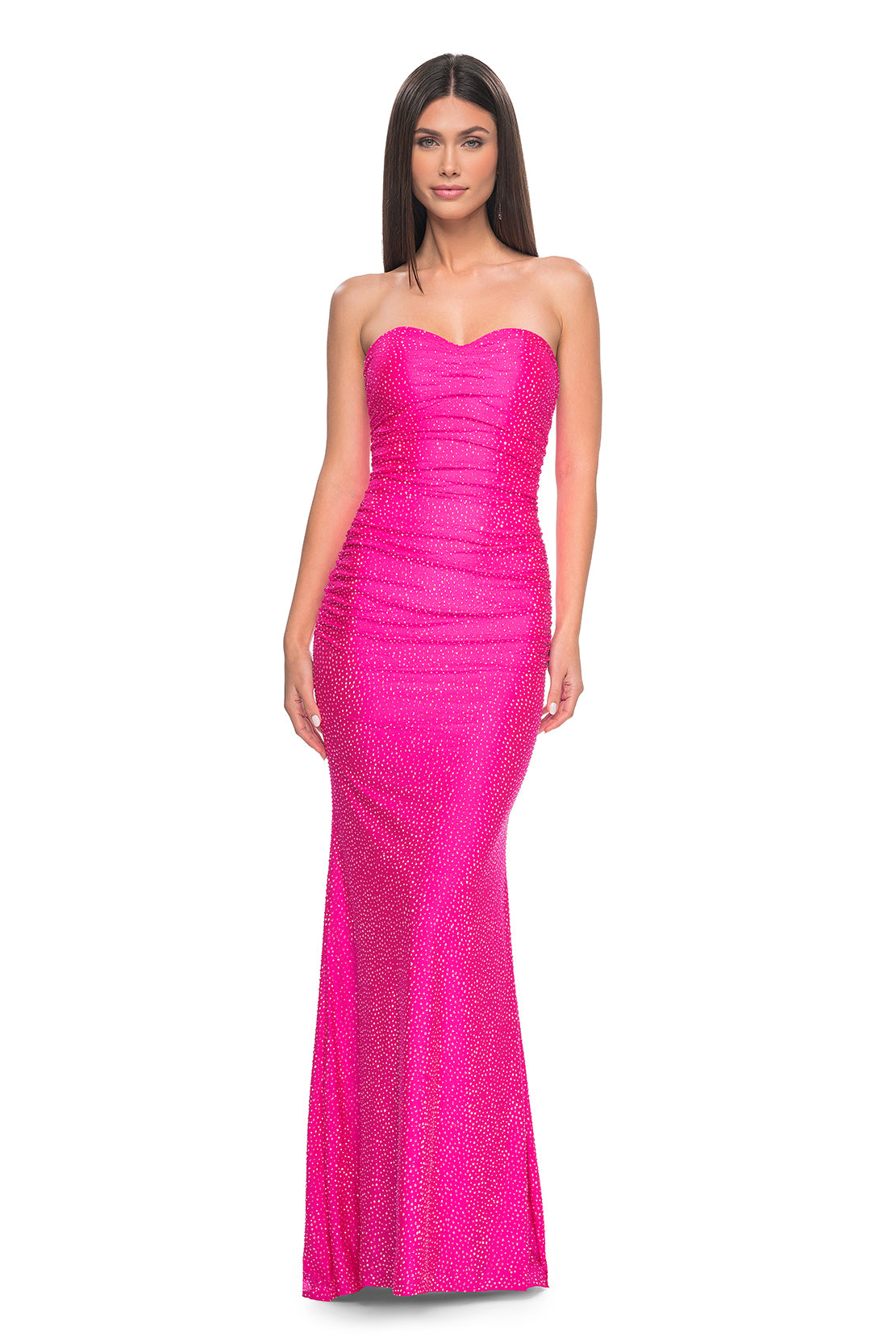 La Femme 32436 Strapless Rhinestone Embellished Prom Gown - A glamorous prom gown with a strapless design, tonal rhinestone embellishments, sweetheart neckline, and a lace-up back for added allure. Model is wearing neon pink.