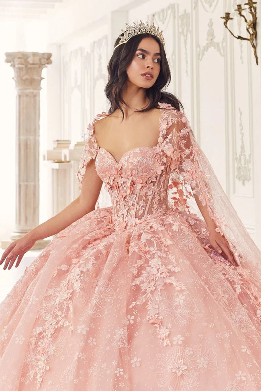 Ladivine 15719 Floral Lace Applique Quinceanera Dress - Featuring a bodice with floral lace applique, a removable tulle cape, and a full tulle skirt with floral details, perfect for a quinceanera.