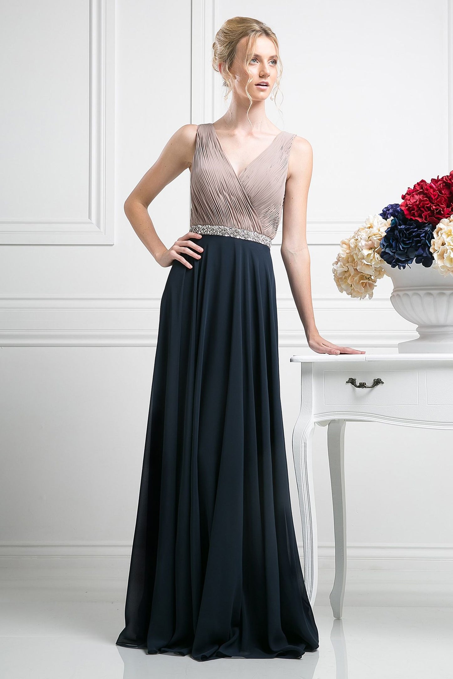 Ladivine 1968 A-Line Chiffon Evening Dress - An elegant gown featuring a pleated V-neck bodice and beaded belt, perfect for evening events.
