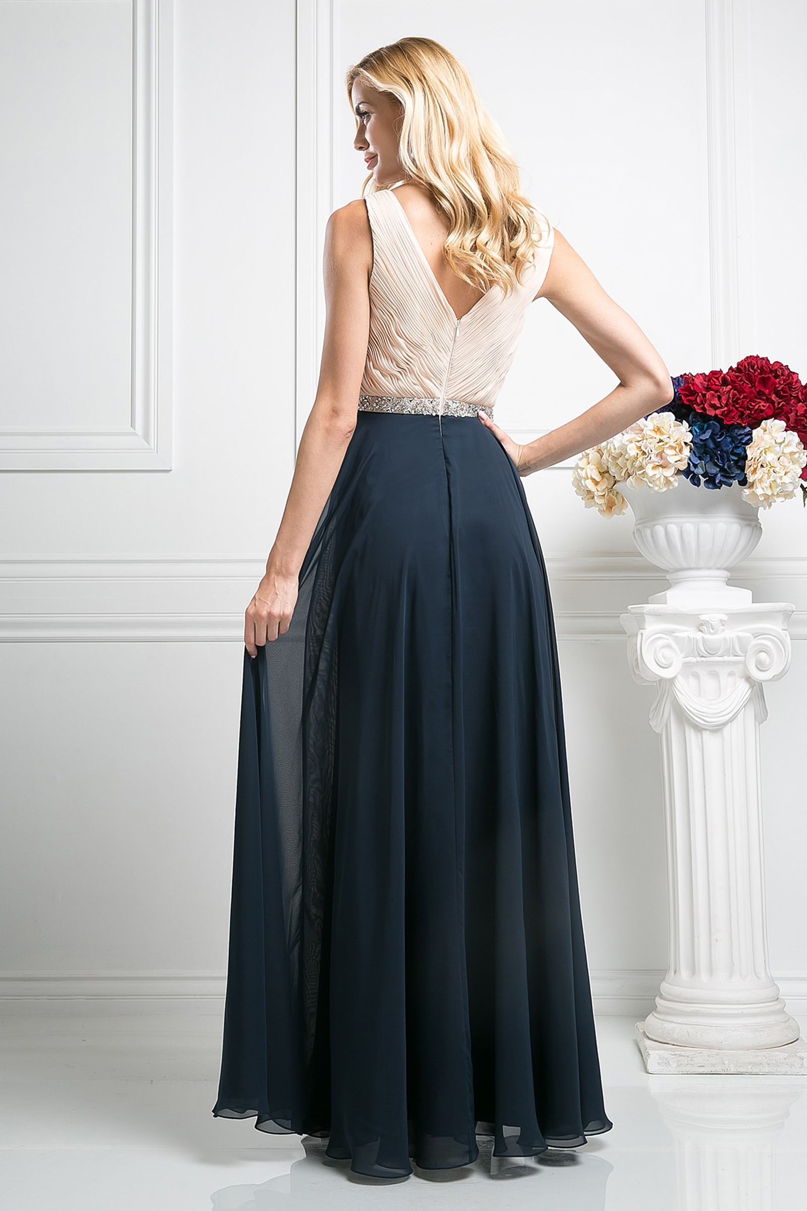 Ladivine 1968 A-Line Chiffon Evening Dress - An elegant gown featuring a pleated V-neck bodice and beaded belt, perfect for evening events.