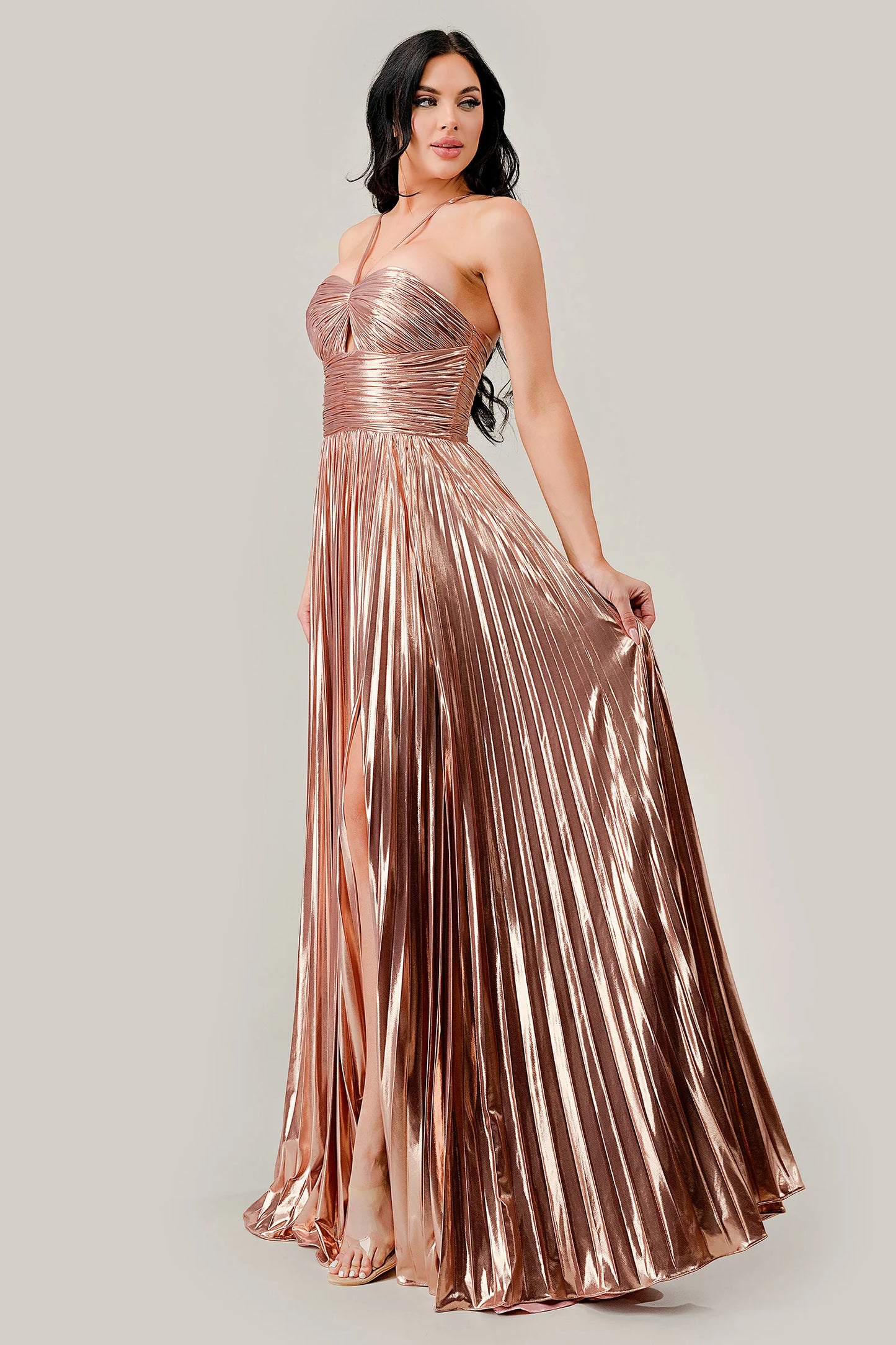 C153 Metallic Pleated A-Line Evening Dress - A stunning gown featuring metallic accents, pleated A-line silhouette, small bust keyhole cutout, gathered waistline, and sweetheart neckline for glamour and sophistication.