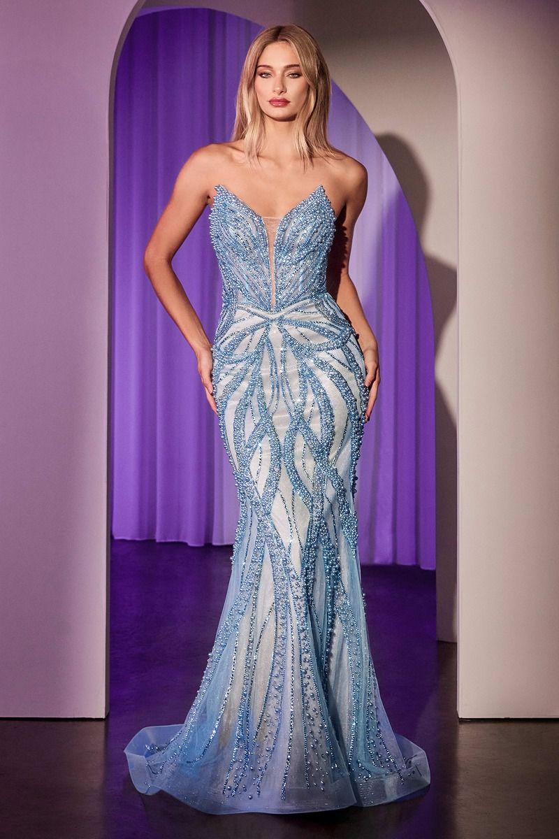 Ladivine CC0688 Pearl & Crystal Strapless Fitted Dress featuring a plunging neckline, embellished contouring motif, and fitted silhouette for elegant occasions.  Model is wearing the color blue.