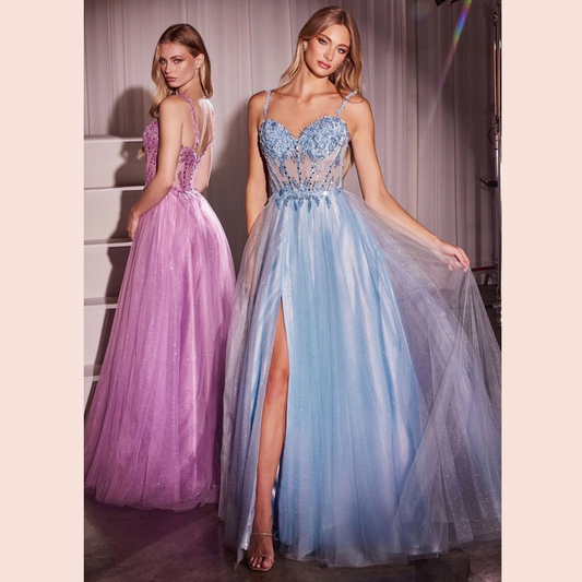 Ladivine CD0234 Lace & Tulle A-Line Dress - Featuring a sweetheart neckline, sheer bodice with lace details, flowing tulle skirt, and a dramatic side slit, perfect for prom and formal evenings.