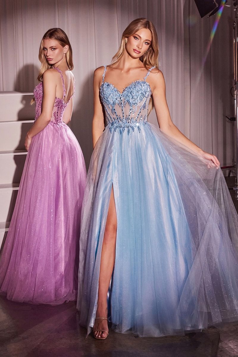 Ladivine CD0234 Lace & Tulle A-Line Dress - Featuring a sweetheart neckline, sheer bodice with lace details, flowing tulle skirt, and a dramatic side slit, perfect for prom and formal evenings.