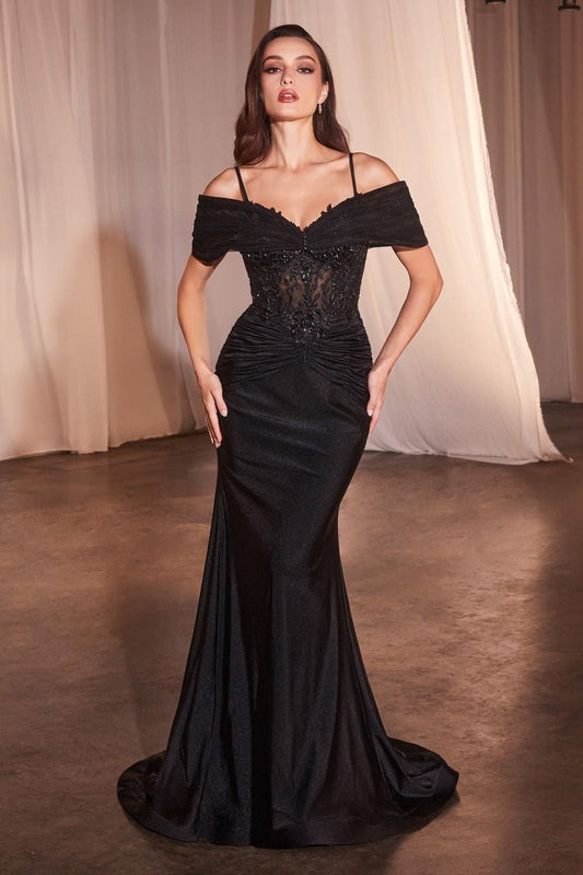 Ladivine CD798 Fitted Satin & Lace Gown - Elegant formal evening gown with off-the-shoulder accessory, satin, and lace detailing.