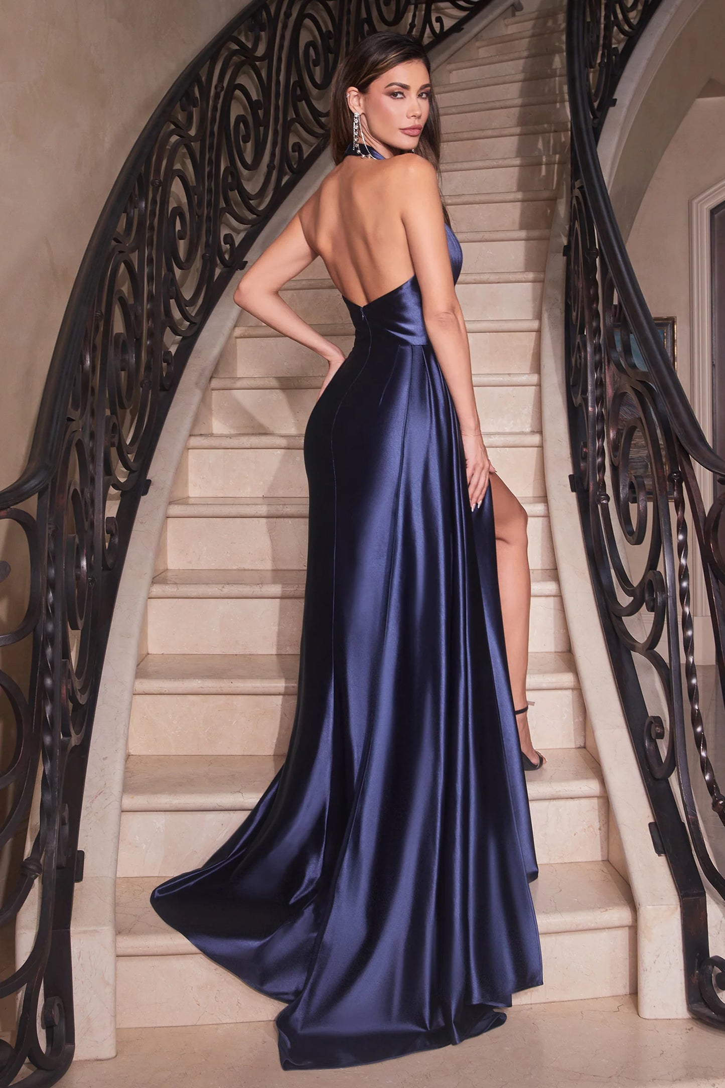 Ladivine CH0789C Halter Satin Prom/Evening Dress - An elegant gown featuring a halter neckline, leg slit, gathered waistline, side sash, and crafted from luxurious satin material for both style and comfort.