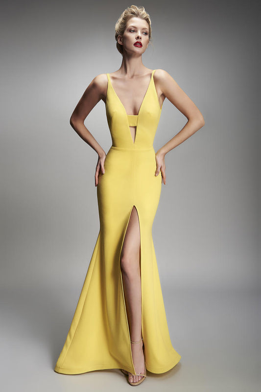 Nicole Bakti 640 Evening Formal Gown in Crepe with Open Back, Plunging V-neckline, and Front Slit