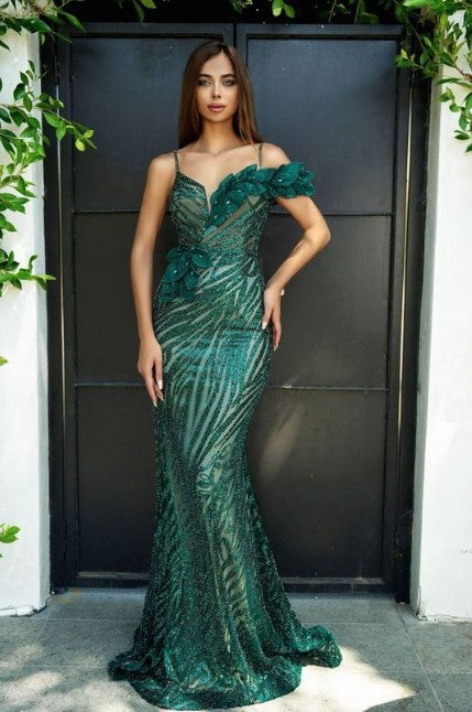 Portia & Scarlett PS24254 - An alluring off-shoulder prom gown with sequin and leaf-lace detailing and a sweep train.