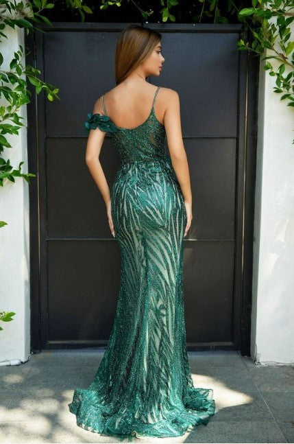 Portia & Scarlett PS24254 - An alluring off-shoulder prom gown with sequin and leaf-lace detailing and a sweep train.