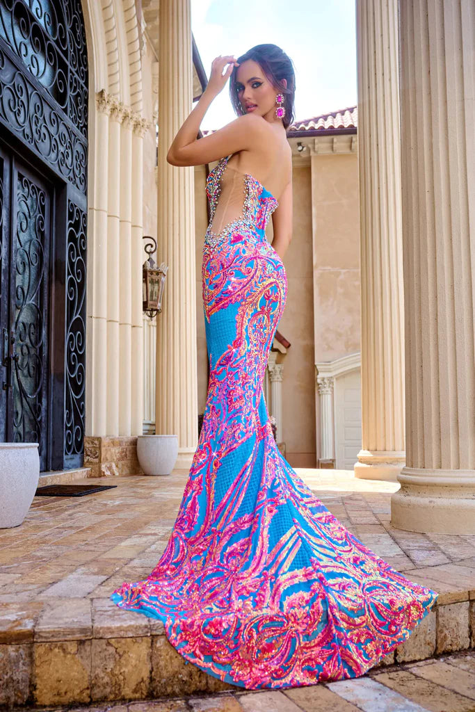 Portia&Scarlett PS24345 Stunning Mermaid Sequin Prom Dress - A fitted mermaid silhouette adorned with multi-color sequins, sheer panel sides, and a sweetheart neckline for a glamorous and captivating look at prom.