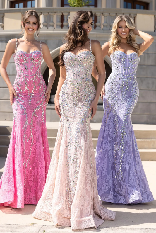 Portia & Scarlett PS25150 Sequinned Lace Mermaid Gown featuring intricate lace, sequin embellishments, sweetheart neckline, and mermaid silhouette for prom or formal evening events.