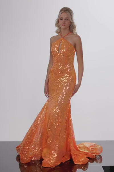 The Jovani Sequin-Embellished Halter Neck Gown with Train, a stunning fitted gown with intricate sequin detailing, perfect for proms and formal occasions.  This is a video of the model wearing the dress in orange.