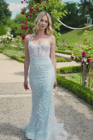 Sherri Hill 56986 Fitted Lace Gown with Keyhole and Lace-Up Back - Intricate lace detailing, fitted silhouette, and elegant design for prom and evening events.  This is a video of the model wearing the dress.