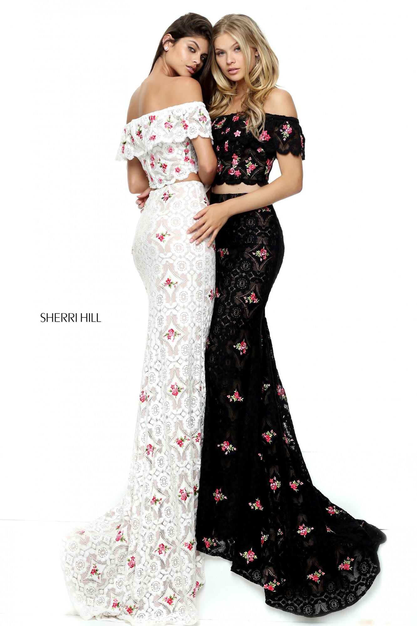 Sherri Hill 50785 Crochet Two-Piece Mermaid Gown - A sophisticated ensemble with an off-the-shoulder bodice and fitted mermaid skirt in intricate crochet, perfect for formal occasions.