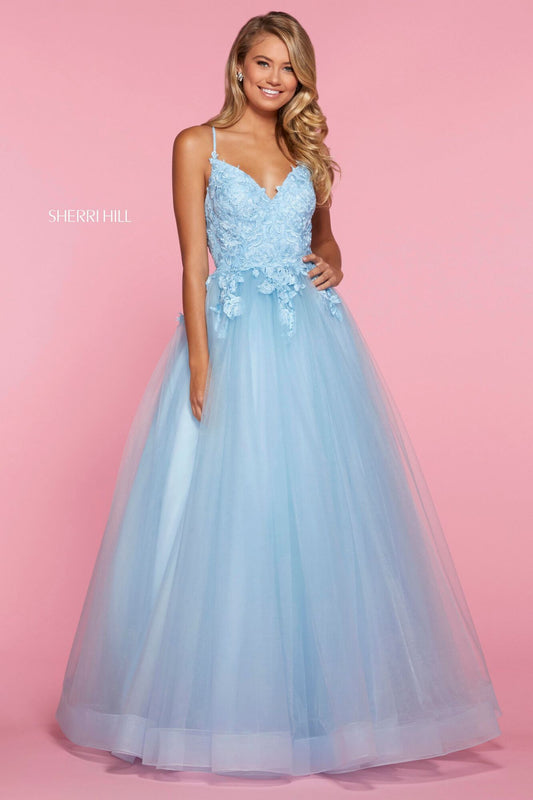 Sherri Hill 53411 Lace and Tulle Ball Gown - A romantic ball gown featuring a lace bodice with a sweetheart neckline and an open back, perfect for prom, formal events, weddings, and quinceañeras.